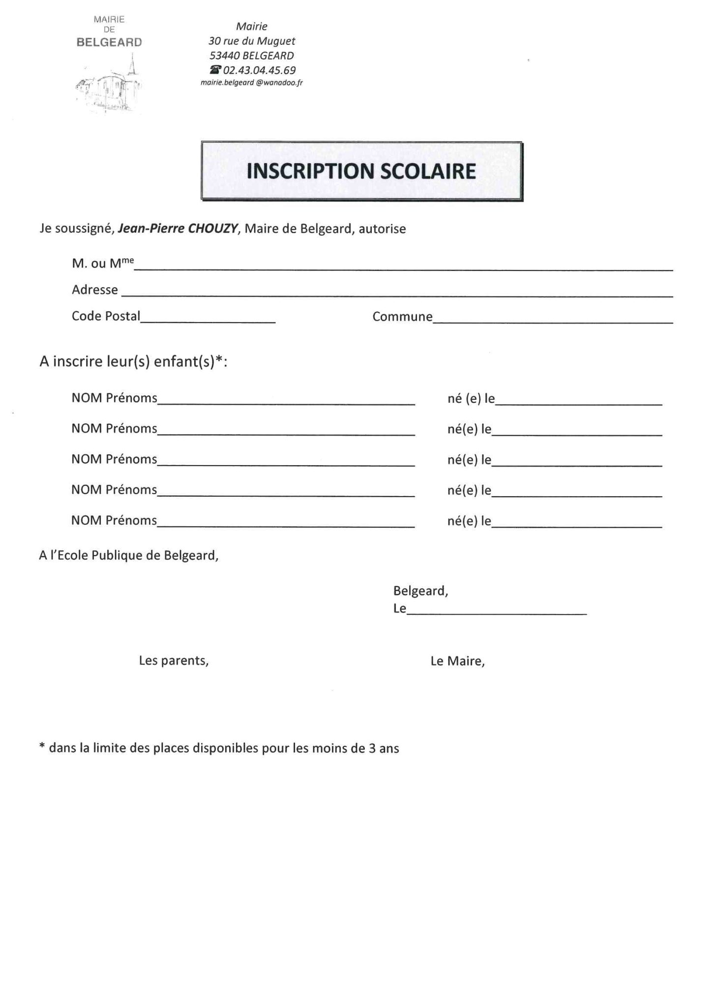 INSCRIPTION SCOLAIRE Formulaire à Compléter Et Remettre En Mairie ...